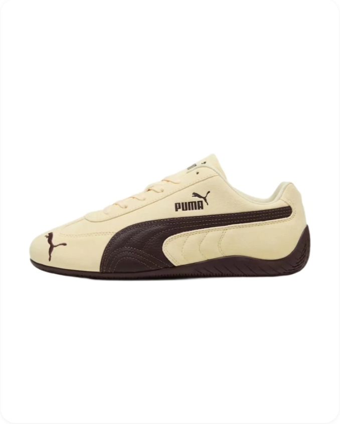 Puma Speedcat OG Warm White Espresso Brown - alternate side profile showing Puma wordmark, cat logo and matching brown rubber outsole