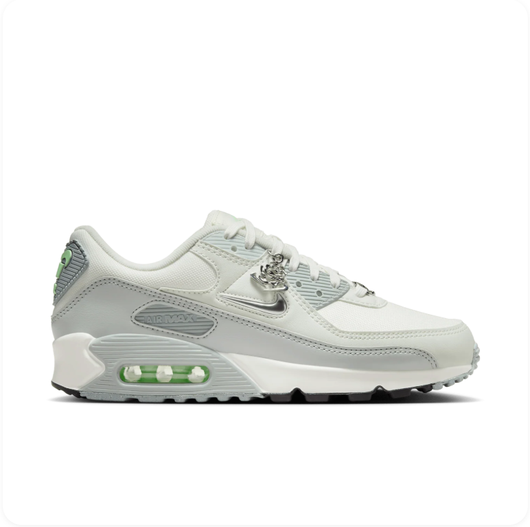 Nike Air Max 90 SE Summit White Wolf Grey Green Glow - alternate side profile showing full colorway with glowing green Air heel unit and grey outsole
