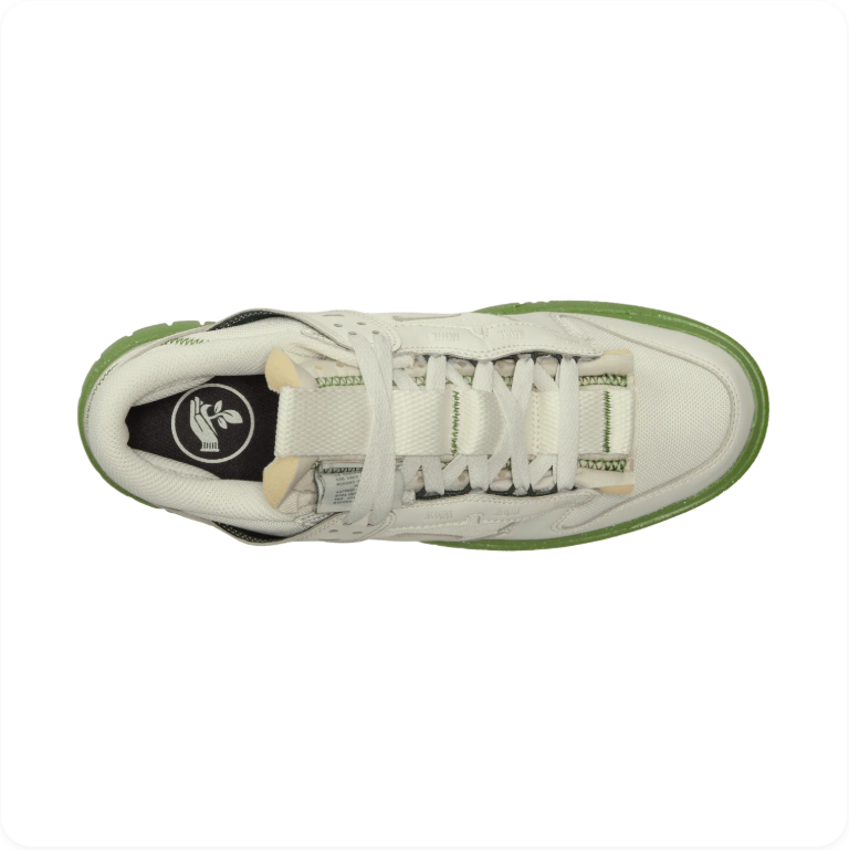 Nike Dunk Low Remastered Coconut Milk Chlorophyll - top-down view showing deconstructed lace system and sustainability plant insole logo