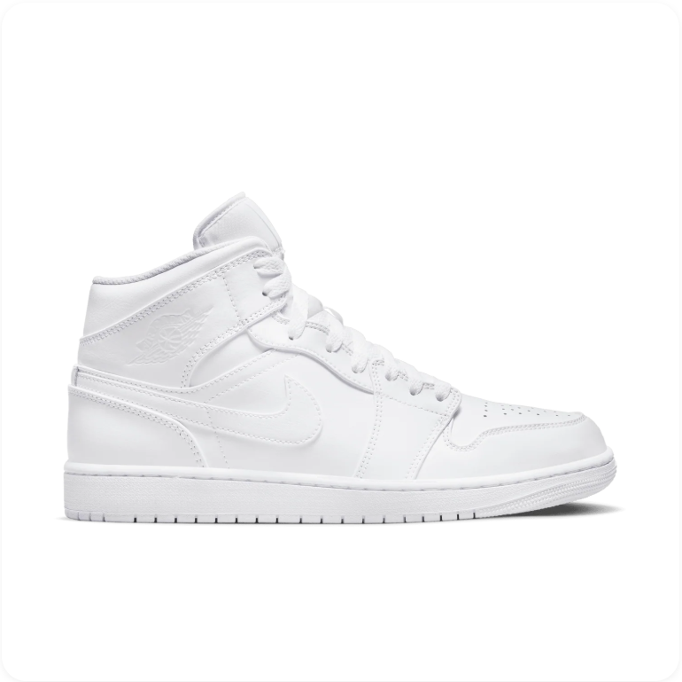 Air Jordan 1 Mid Triple White - side profile view showing all-white leather upper and tonal Swoosh