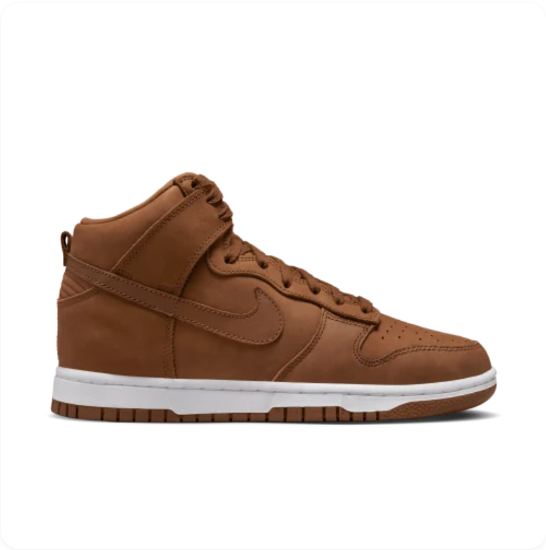 Nike Dunk High Pecan Tonal Brown - side profile showing all-brown leather upper, tonal Swoosh and white midsole