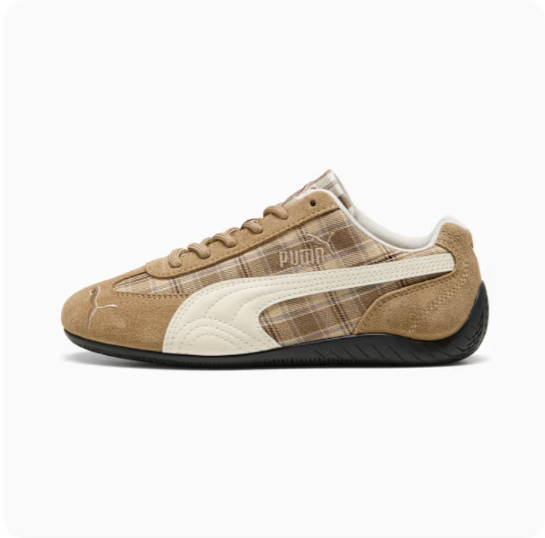 Puma Speedcat OG Toasted Coconut Plaid - side profile showing tan suede base, brown plaid woven upper, cream Formstripe and black outsole