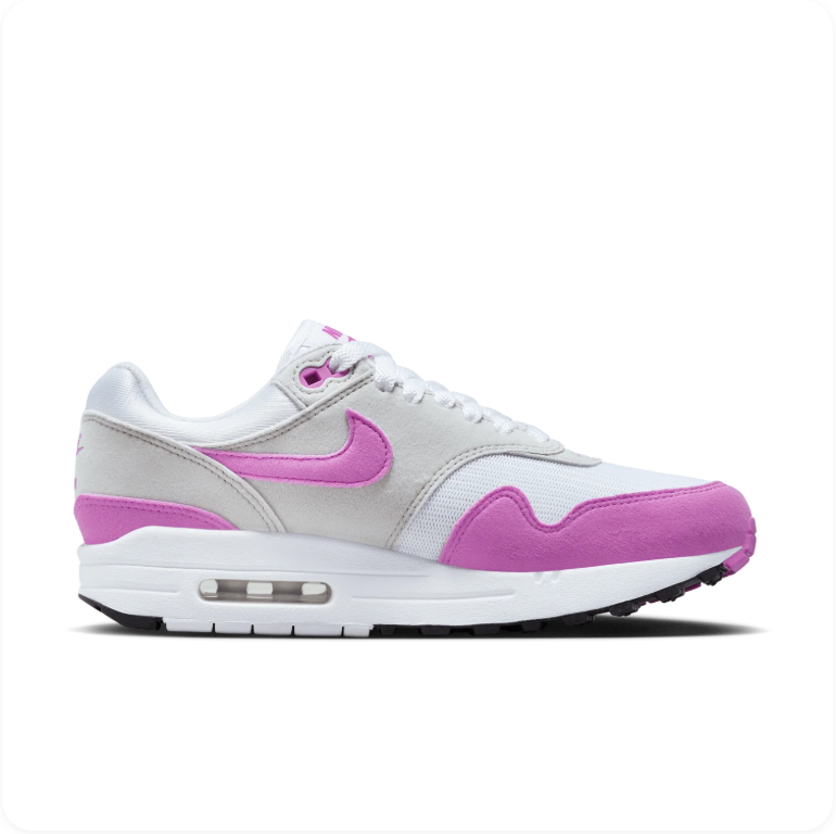 Nike Air Max 1 White Fuchsia Dream Neutral Grey - alternate side profile showing grey suede quarter panel and fuchsia Swoosh