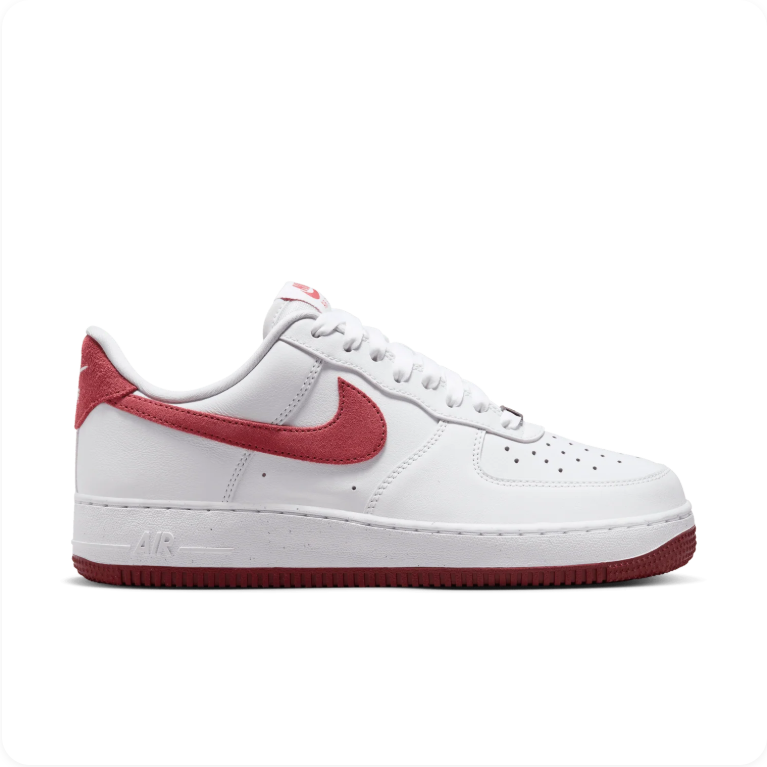 Nike Air Force 1 '07 White Adobe Team Red - side profile showing white leather upper, adobe Swoosh and team red rubber outsole