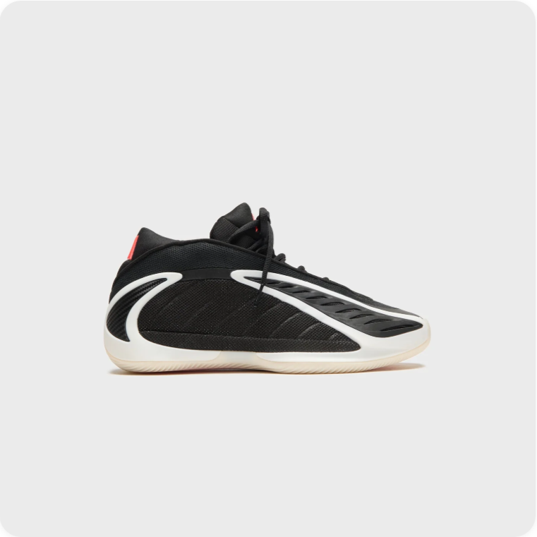 Adidas Harden Vol. 8 - side profile view showing black upper, white midsole frame and coral Three Stripes