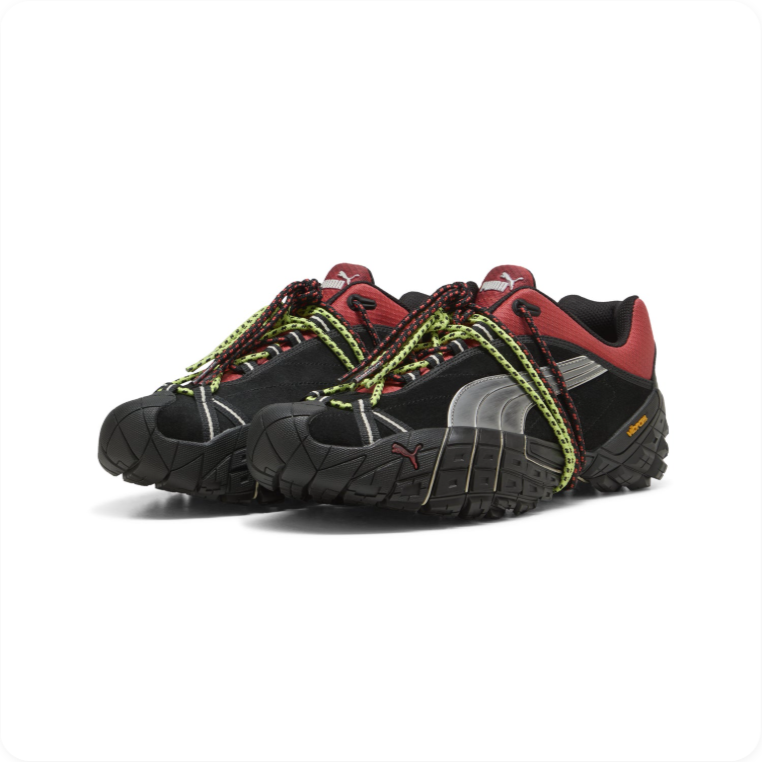 Puma Trailfox MTS Black Dark Red Lime - front pair view showing black upper, dark red collar, dual-tone lime and maroon rope laces and Vibram outsole