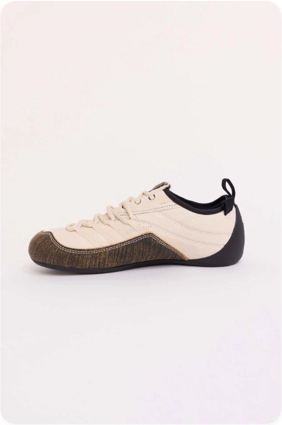 Salehe Bembury x Merrell Spire Cream Dark Earth - side profile showing cream leather upper, textured bark midsole and black collar detail
