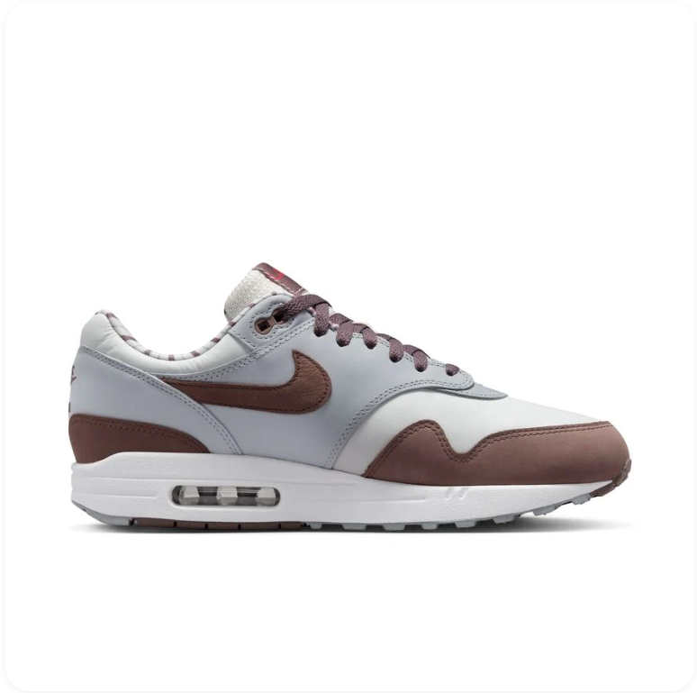 Nike Air Max 1 Light Silver Smokey Mauve - alternate side profile showing full colorway with visible Air heel unit and white midsole