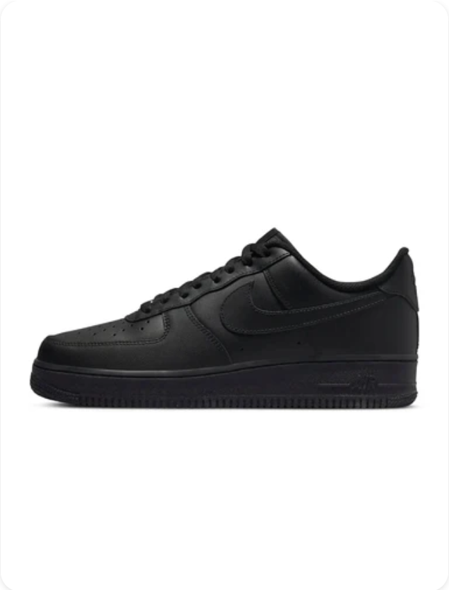 Nike Air Force 1 '07 Low Triple Black - side profile view showing all-black leather upper and tonal black Swoosh