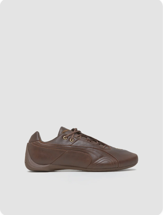 Puma Speedcat Espresso Brown Gold Studs - side profile showing tonal brown leather upper with gold eyelet hardware and matching brown outsole