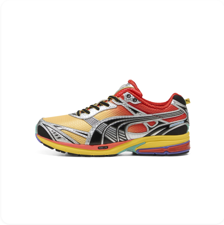 Puma Velophasis Multicolor Rainbow - side profile showing yellow-orange-red gradient mesh, chrome exoskeleton overlays and rainbow segmented midsole