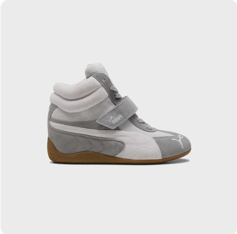 Puma Speedcat Hi Grey White Gum - side profile showing grey suede upper, white Formstripe, velcro ankle strap and gum rubber outsole