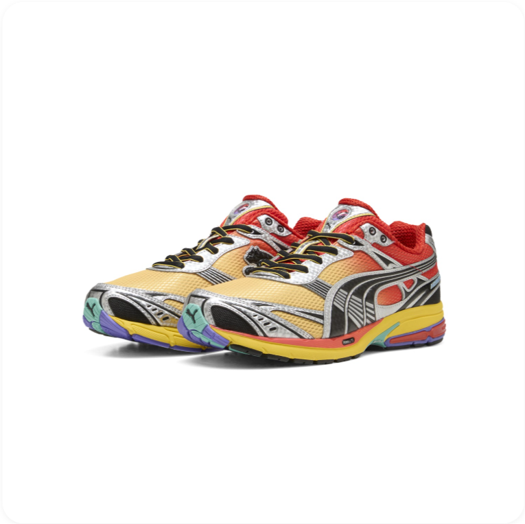 Puma Velophasis Multicolor Rainbow - front pair view showing full maximalist colorway with chrome cage, black Formstripe and rainbow midsole sections