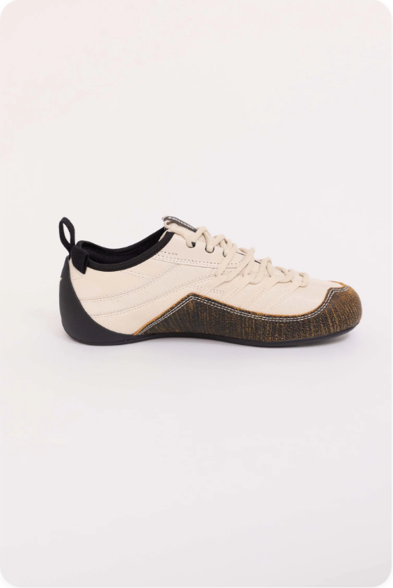 Salehe Bembury x Merrell Spire Cream Dark Earth - alternate side profile showing full silhouette with sculptural tree-ring textured dark earth midsole