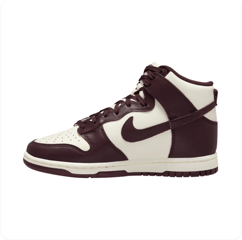 Nike Dunk High Sail Plum Eclipse - side profile showing off-white leather base, deep plum overlays, matching Swoosh and plum outsole