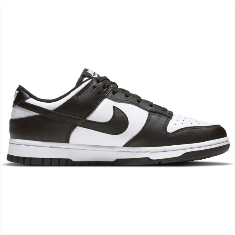 Nike Dunk Low Panda - side profile view showing white leather base with black overlays and black waffle outsole