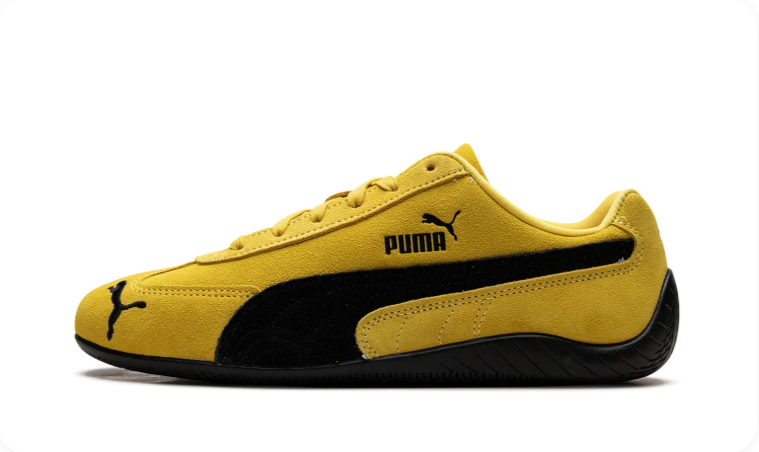 Puma Speedcat Saffron Yellow Black - alternate side profile showing full racing flat silhouette with bold black Puma cat logo and black midsole