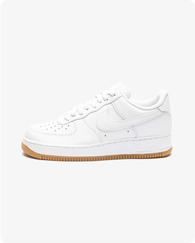 Nike Air Force 1 '07 Low White Gum - side profile showing tonal white Swoosh, perforated toe box and warm gum outsole