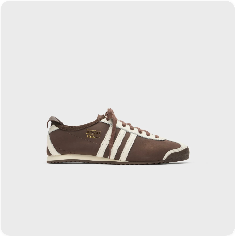 Adidas Tobacco - opposite side profile showing gold Tobacco branding and cream Three Stripes on dark brown leather