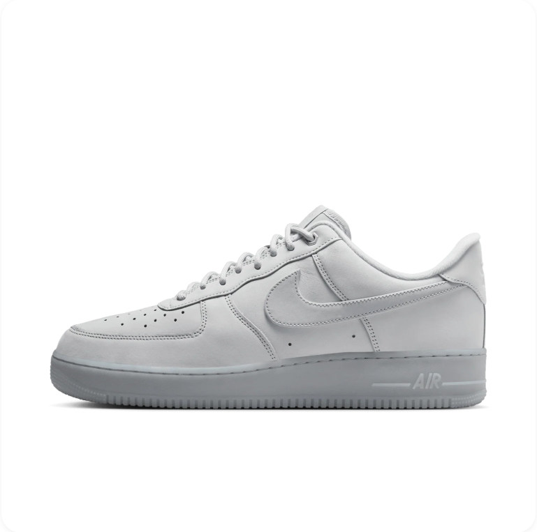 Nike Air Force 1 '07 White Wolf Grey Pure Platinum - side profile showing white leather upper, tonal Swoosh and wolf grey midsole