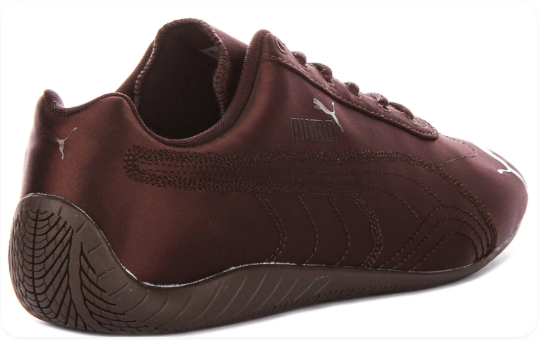 Puma Speedcat Dark Chocolate Tonal - rear view showing all-over dark chocolate satin leather upper with tonal Formstripe and matching brown outsole