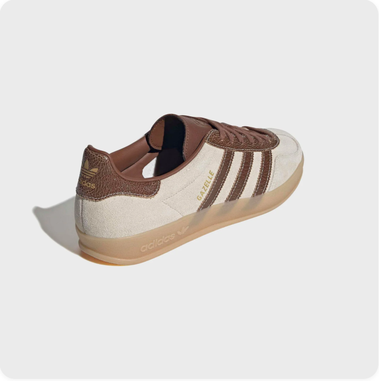 Adidas Gazelle Indoor - rear three-quarter view in cream white and dark brown with gum sole