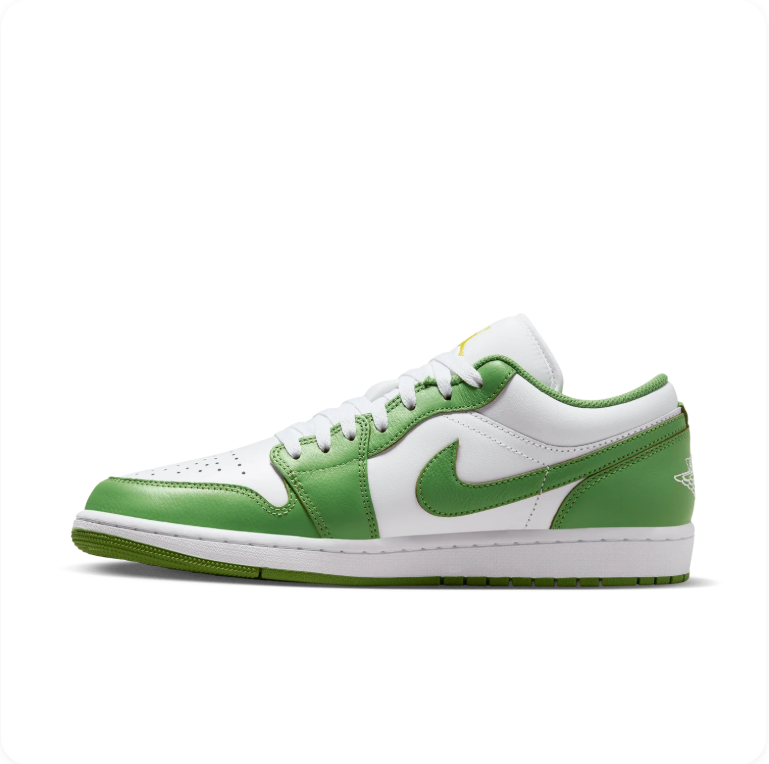 Air Jordan 1 Low White Chlorophyll Yellow Strike - side profile showing white leather base, chlorophyll green overlays and yellow tongue logo