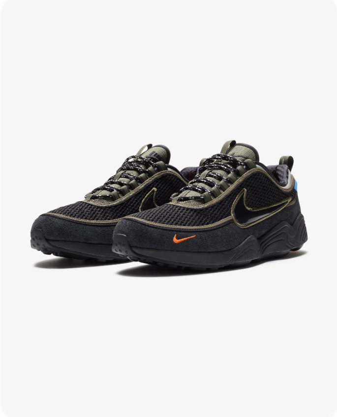 Nike Air Zoom Spiridon Ultra Black Sequoia Orange - front pair view showing black mesh upper, olive overlays, orange Swoosh and chunky black outsole