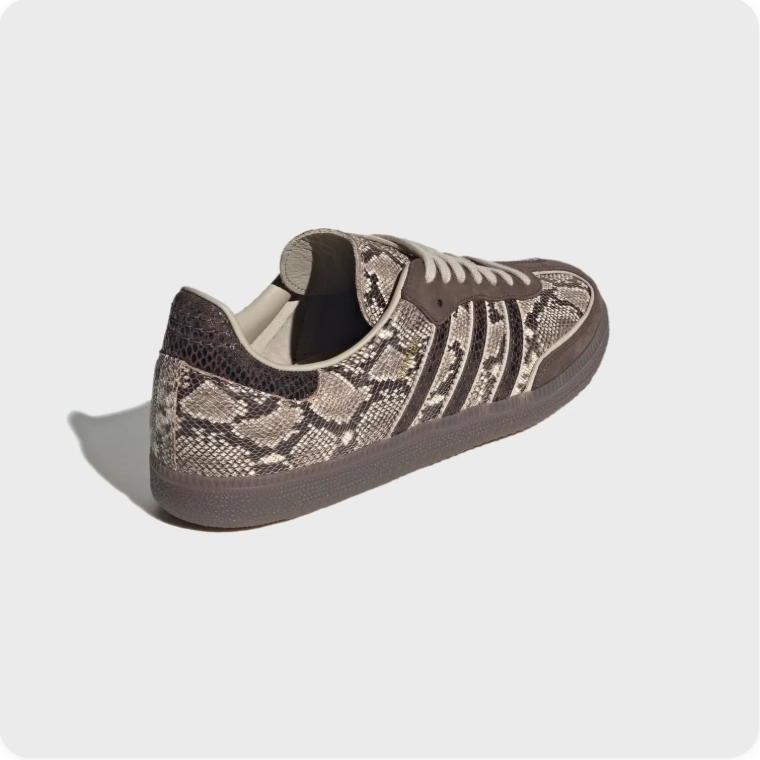 Adidas Samba OG Snakeskin - side profile view showing snakeskin upper, taupe laces and dark brown sole