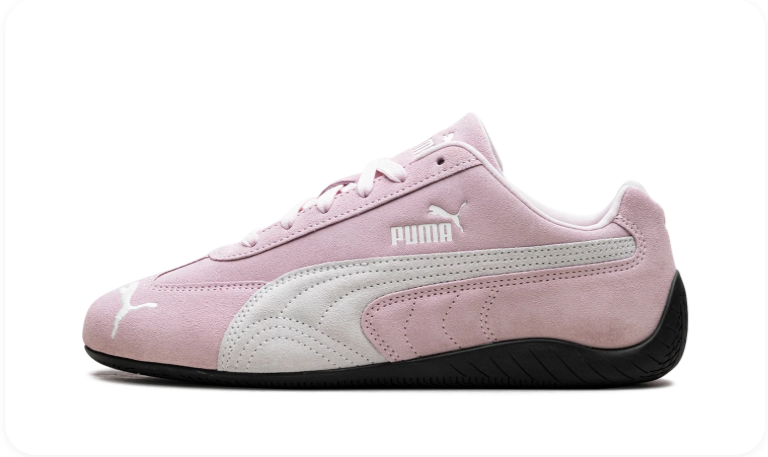 Puma Speedcat OG Pearl Pink White - side profile showing full racing flat silhouette with white Puma wordmark and contrasting black rubber outsole