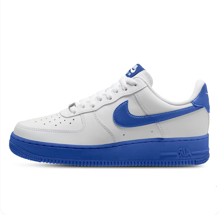 Nike Air Force 1 '07 Low White Game Royal - alternate side profile showing bold royal blue Swoosh and AIR midsole branding