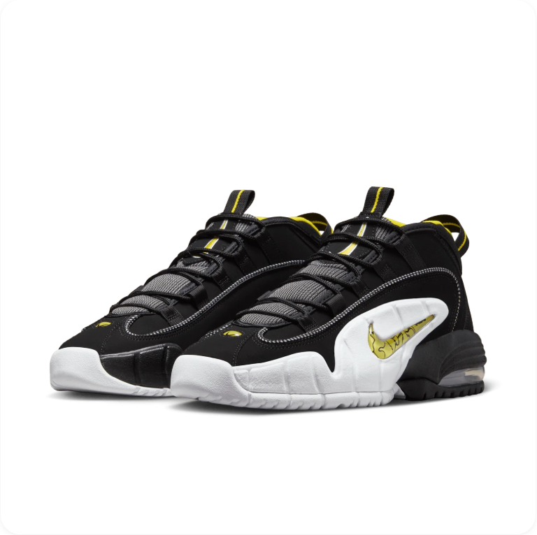 Nike Air Max Penny 1 Black Optic Yellow - front pair view showing iconic Penny 1 silhouette with visible Air heel unit and yellow midsole details